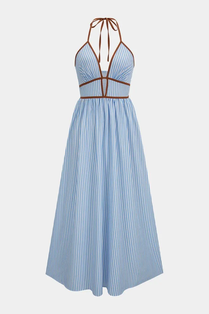 Contrast Stripes Print V-Neck Halter Neck Sleeveless Maxi Dress – Wrena