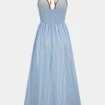 Contrast Stripes Print V-Neck Halter Neck Sleeveless Maxi Dress – Wrena