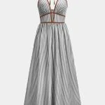 Contrast Stripes Print V-Neck Halter Neck Sleeveless Maxi Dress – Wrena