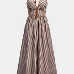 Contrast Stripes Print V-Neck Halter Neck Sleeveless Maxi Dress – Wrena
