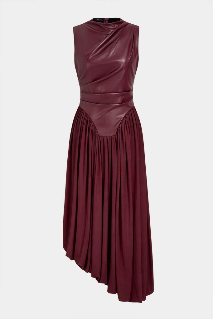 Faux Leather Asymmetrical Ruched Sleeveless Maxi Dress