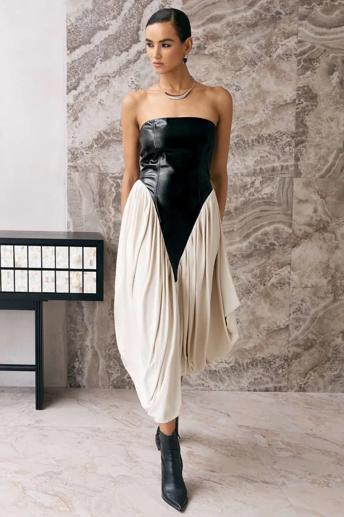 Faux Leather Patchwork Ruched Strapless Sleeveless Midi Dress – Wrena