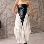 Faux Leather Patchwork Ruched Strapless Sleeveless Midi Dress – Wrena