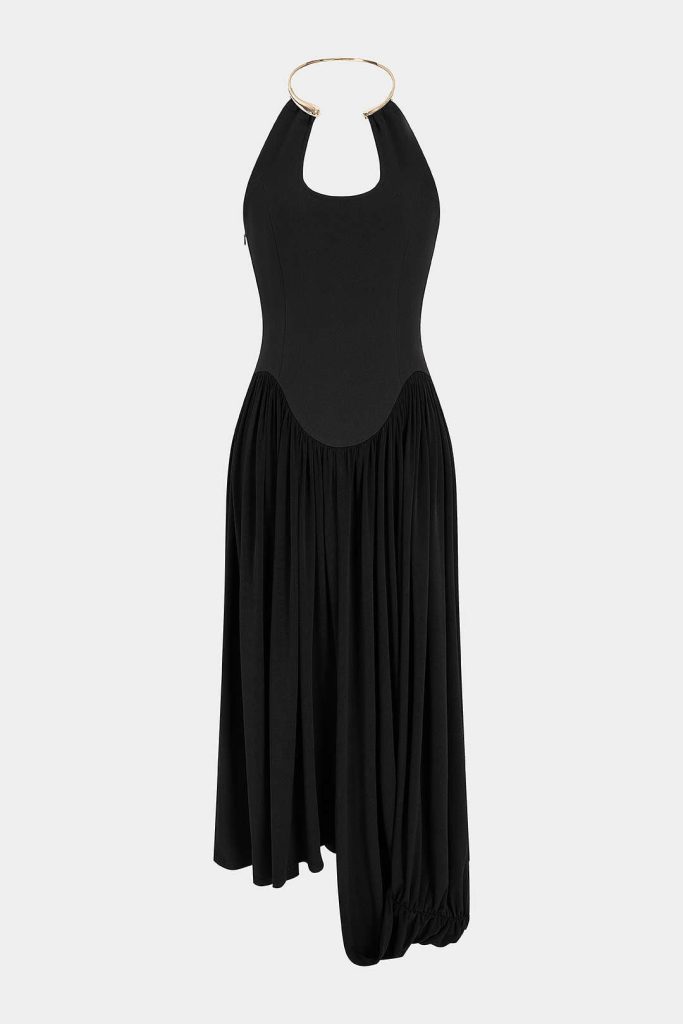 Metallic Halter Neck Asymmetrical Ruched Backless Sleeveless Maxi Dress