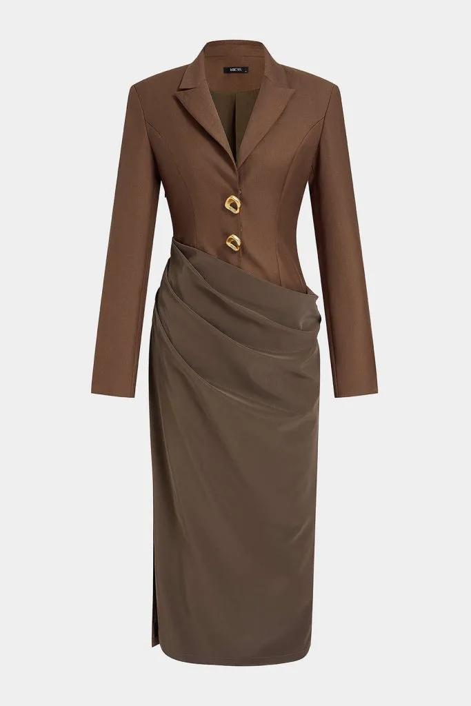 Faux Leather Patchwork Asymmetrical Ruched Long Sleeve Maxi Dress – Wrena