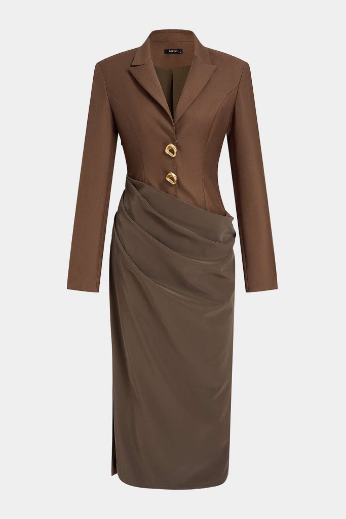 Faux Leather Patchwork Asymmetrical Ruched Long Sleeve Maxi Dress