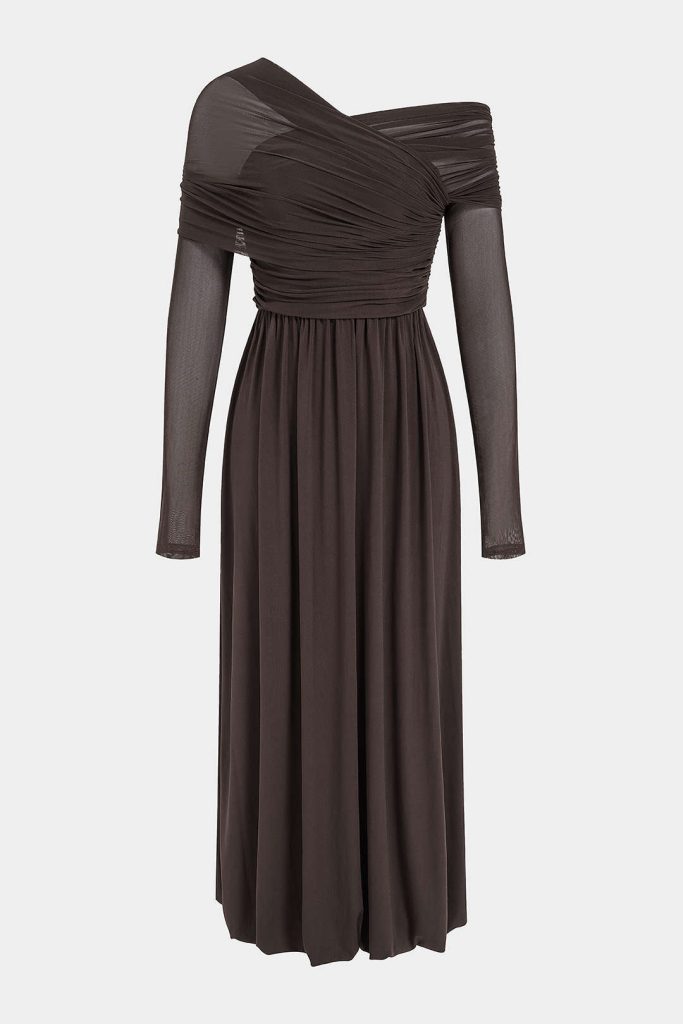 Mesh Asymmetrical One Shoulder Ruched Long Sleeve Maxi Dress