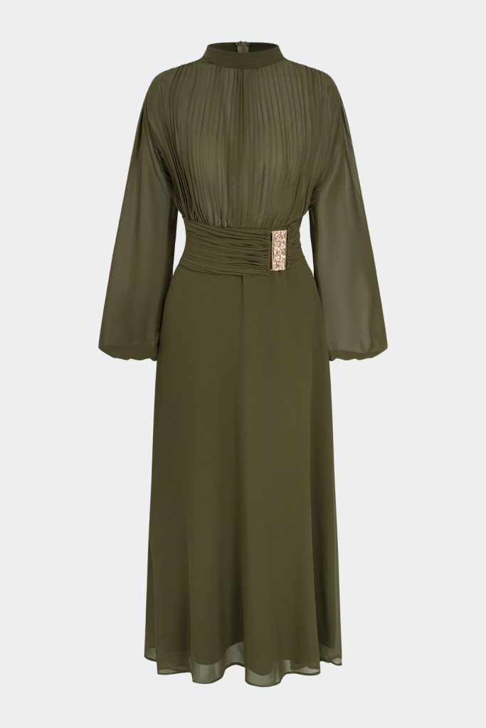 Metallic Mock Neck Pleated Long Sleeve Maxi Dress