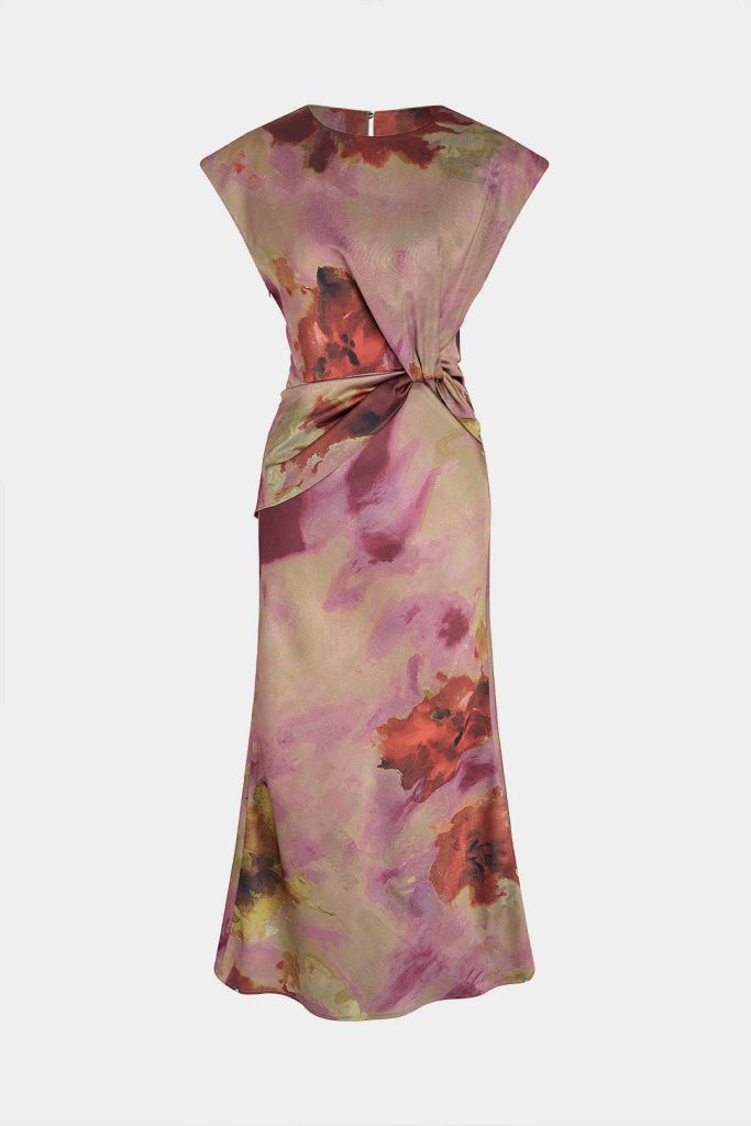Tie Dye Ruched Cut Out Button Twist Knot Midi Dress