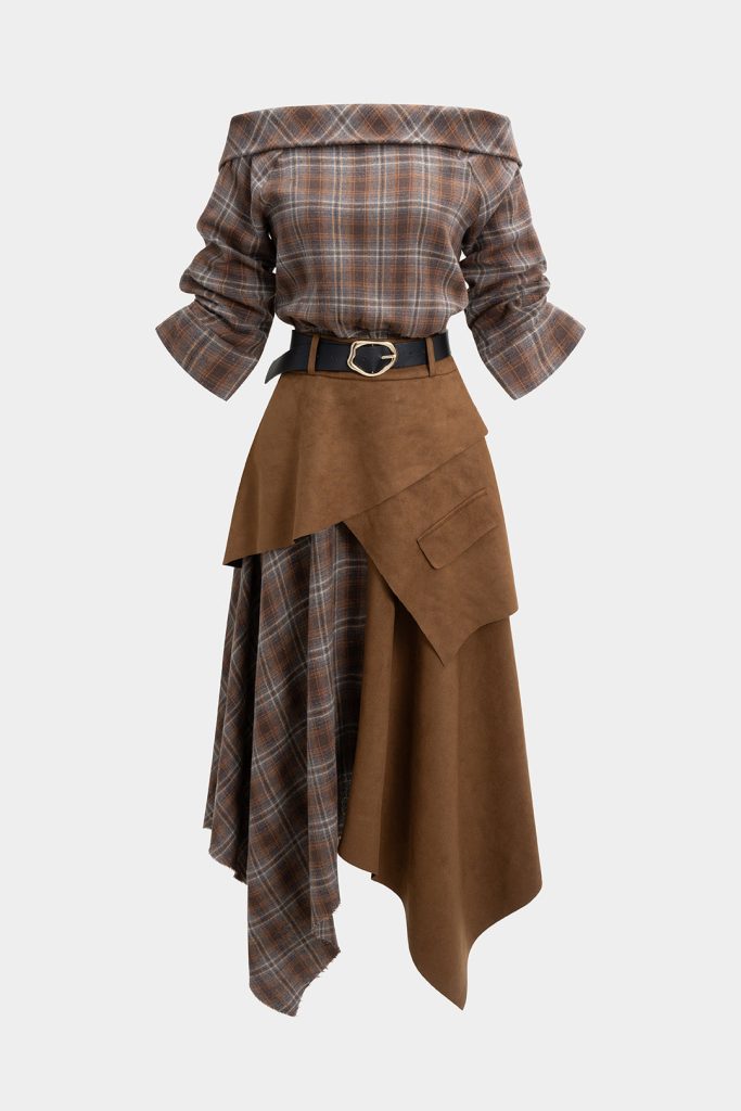 Plaid Print Suede Off Shoulder Zipper Belted Long Sleeve Midi Dress