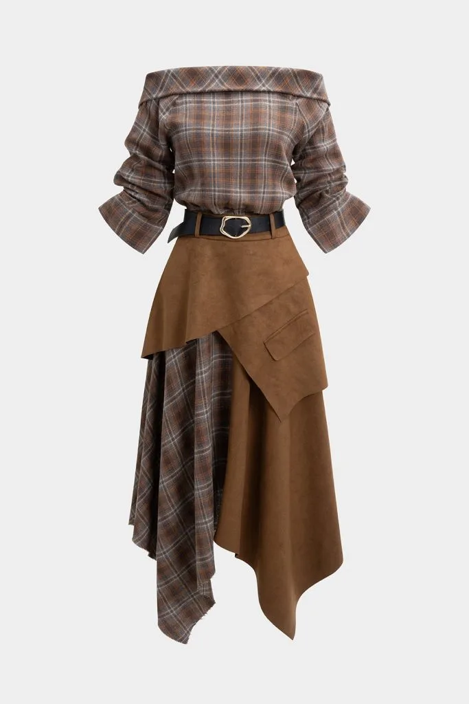 Plaid Print Suede Off Shoulder Zipper Belted Long Sleeve Midi Dress – Wrena