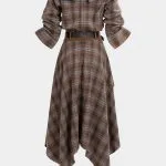 Plaid Print Suede Off Shoulder Zipper Belted Long Sleeve Midi Dress – Wrena