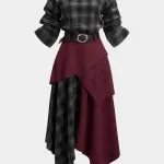 Plaid Print Suede Off Shoulder Zipper Belted Long Sleeve Midi Dress – Wrena