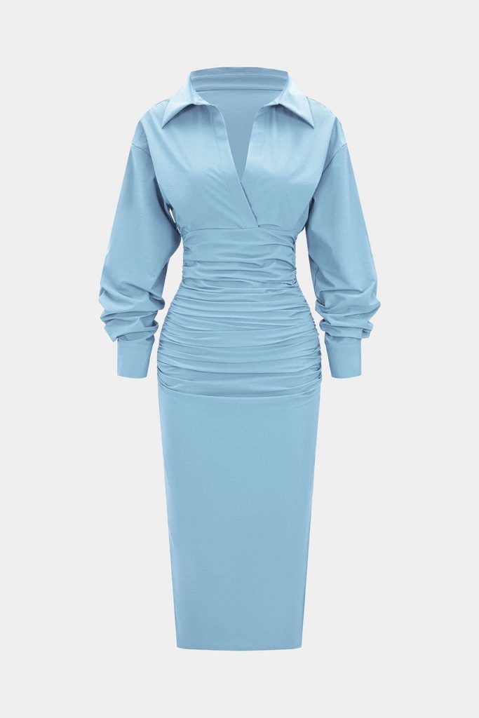 Solid Ruched Long Sleeve Midi Dress