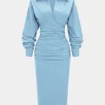 Solid Ruched Long Sleeve Midi Dress – Wrena