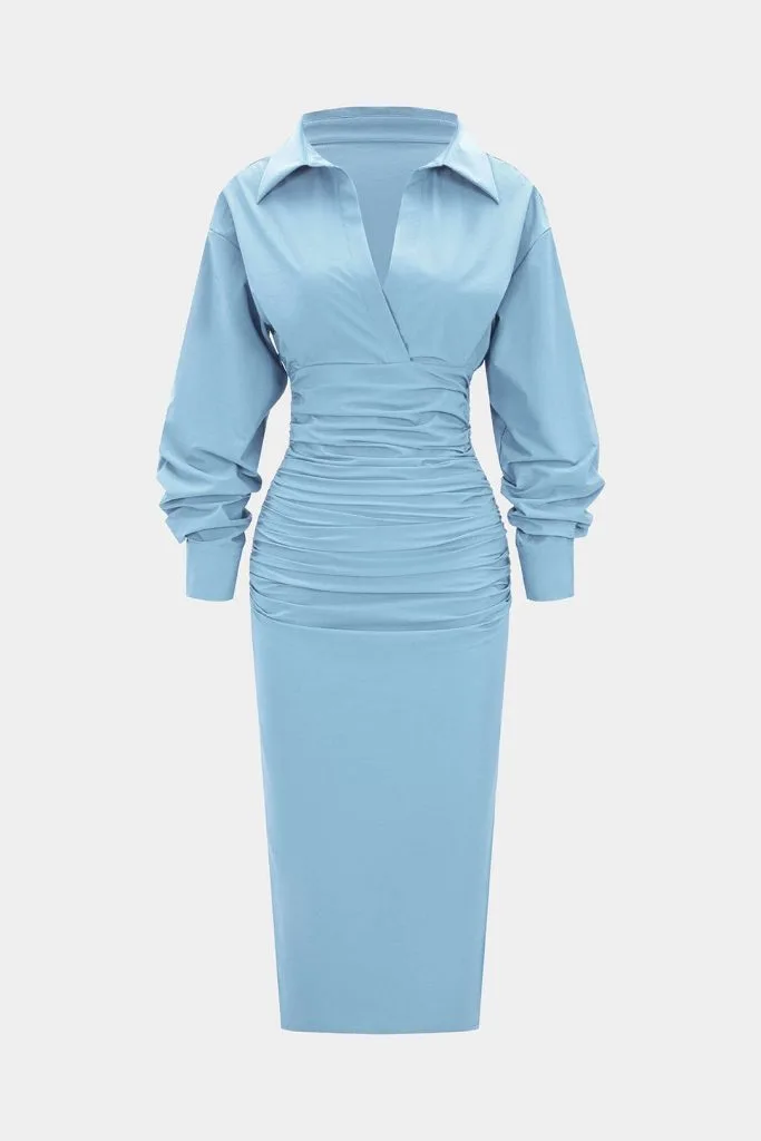 Solid Ruched Long Sleeve Midi Dress – Wrena