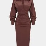 Solid Ruched Long Sleeve Midi Dress – Wrena
