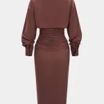 Solid Ruched Long Sleeve Midi Dress – Wrena