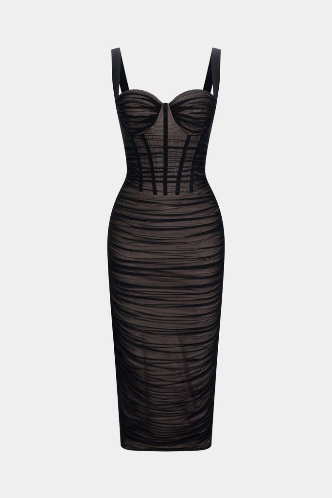 Sheer Mesh Ruched Bustier Slip Sleeveless Midi Dress