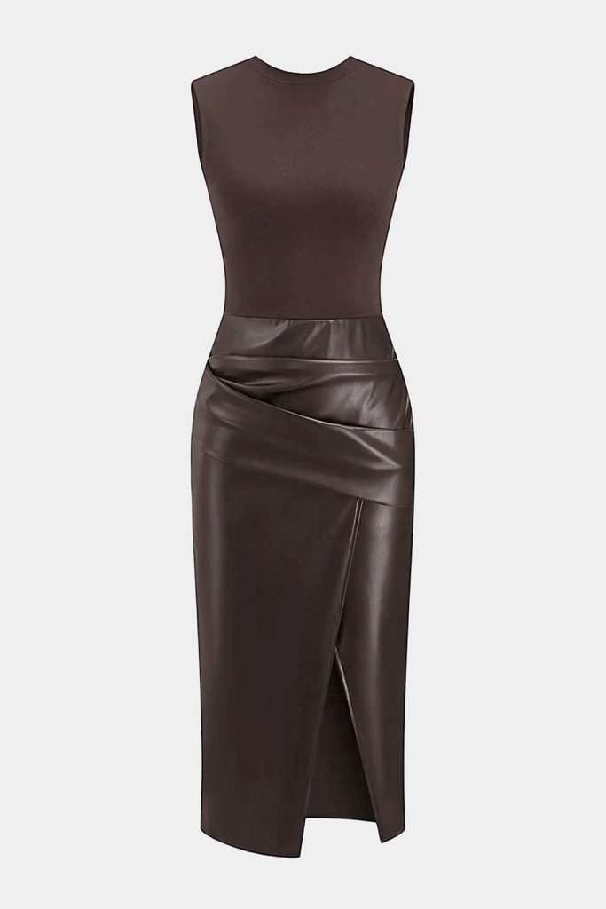 Faux Leather Patchwork Ruched Sleeveless Midi Dress