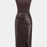 Faux Leather Patchwork Ruched Sleeveless Midi Dress – Wrena