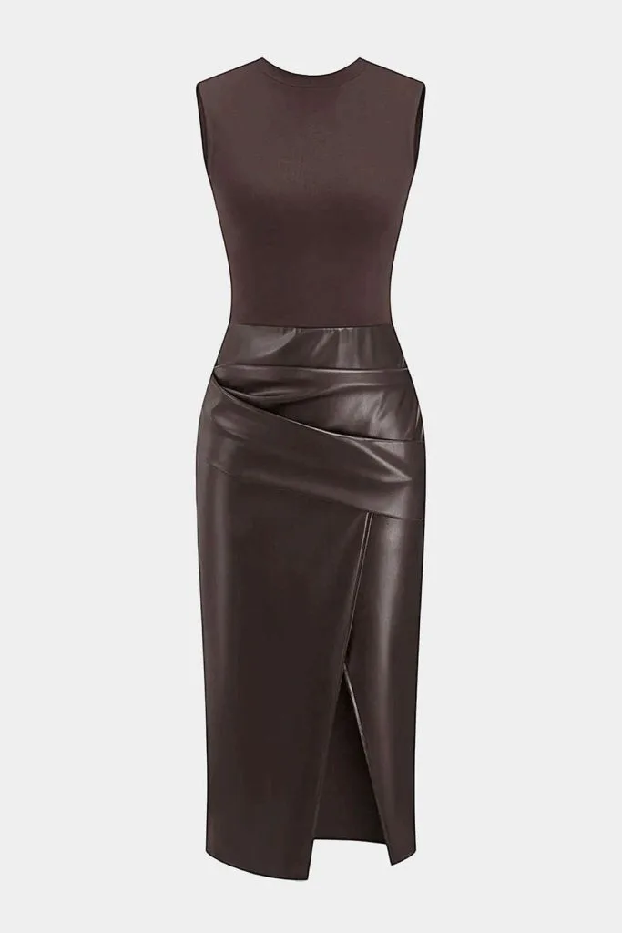 Faux Leather Patchwork Ruched Sleeveless Midi Dress – Wrena