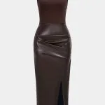 Faux Leather Patchwork Ruched Sleeveless Midi Dress – Wrena