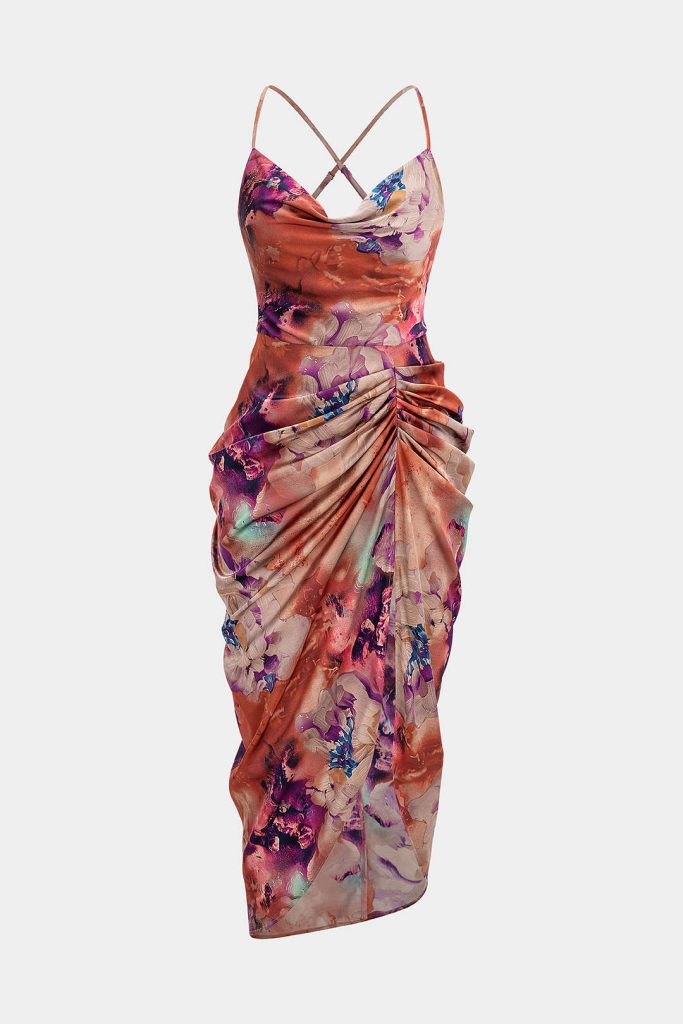 Floral Print Satin Draped Cowl Neck Asymmetrical Ruched Sleeveless Midi Dress