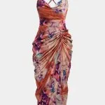 Floral Print Satin Draped Cowl Neck Asymmetrical Ruched Sleeveless Midi Dress – Wrena