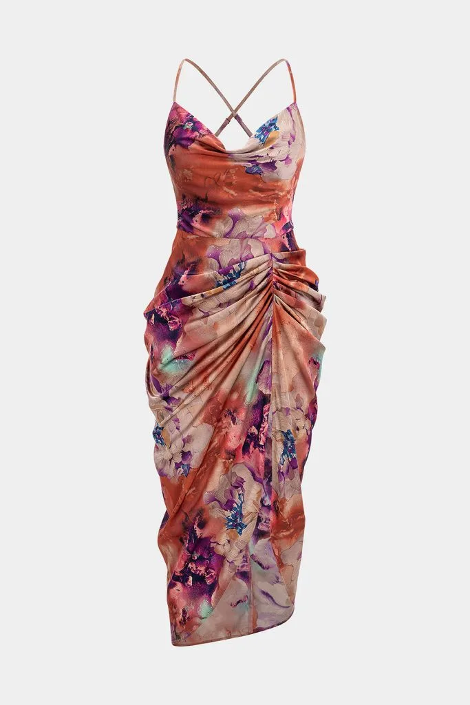 Floral Print Satin Draped Cowl Neck Asymmetrical Ruched Sleeveless Midi Dress – Wrena