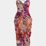 Floral Print Satin Draped Cowl Neck Asymmetrical Ruched Sleeveless Midi Dress – Wrena