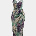 Floral Print Satin Draped Cowl Neck Asymmetrical Ruched Sleeveless Midi Dress – Wrena