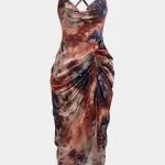 Floral Print Satin Draped Cowl Neck Asymmetrical Ruched Sleeveless Midi Dress – Wrena