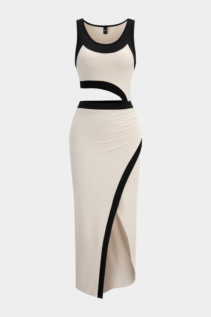 Contrast Print Cut Out Sleeveless Midi Dress