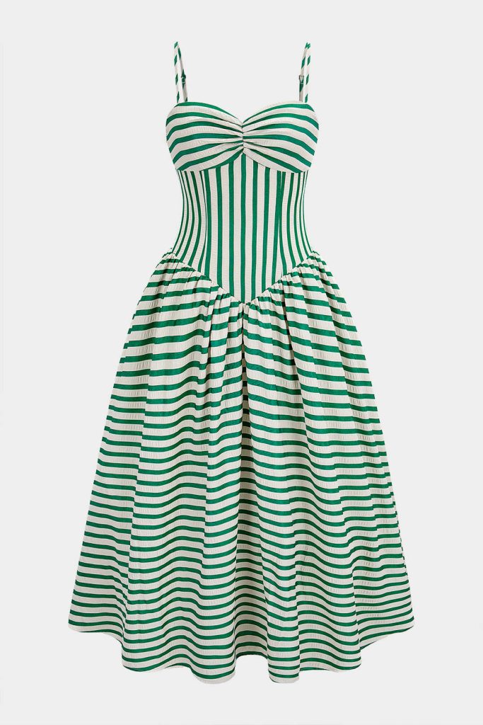 Stripes Print Ruched Zipper Slip Sleeveless Maxi Dress