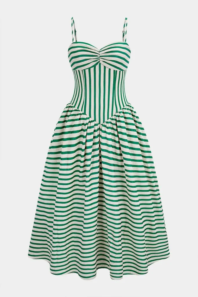 Stripes Print Ruched Zipper Slip Sleeveless Maxi Dress – Wrena