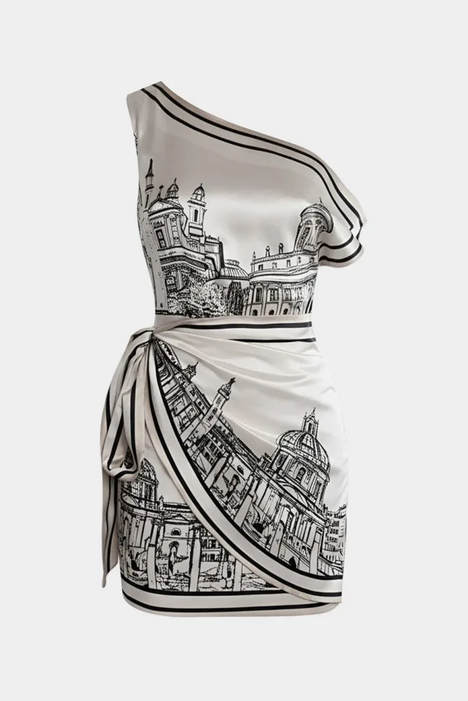 Pattern Print Satin One Shoulder Asymmetrical Tie-Up Sleeveless Midi Dress – Wrena
