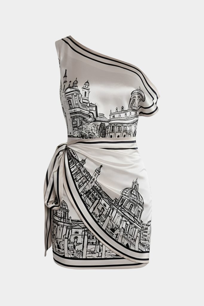 Pattern Print Satin One Shoulder Asymmetrical Tie-Up Sleeveless Midi Dress