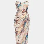 Marble Print Satin Corset Ruched Sleeveless Midi Dress – Wrena