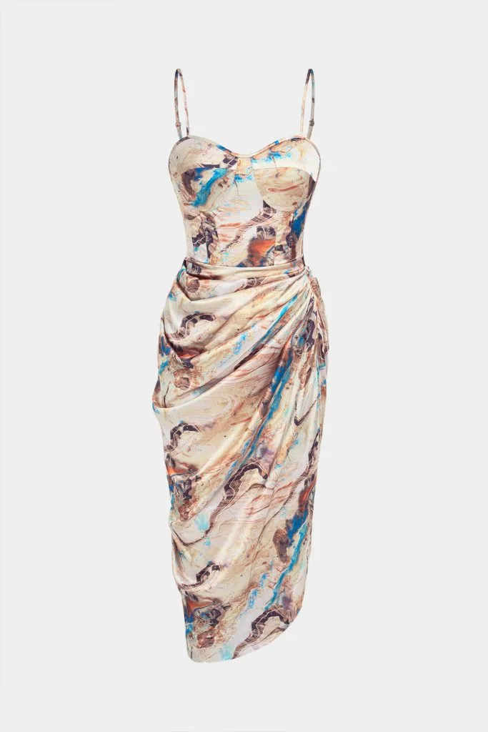 Marble Print Satin Corset Ruched Sleeveless Midi Dress – Wrena