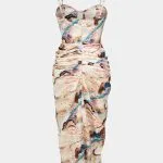 Marble Print Satin Corset Ruched Sleeveless Midi Dress – Wrena
