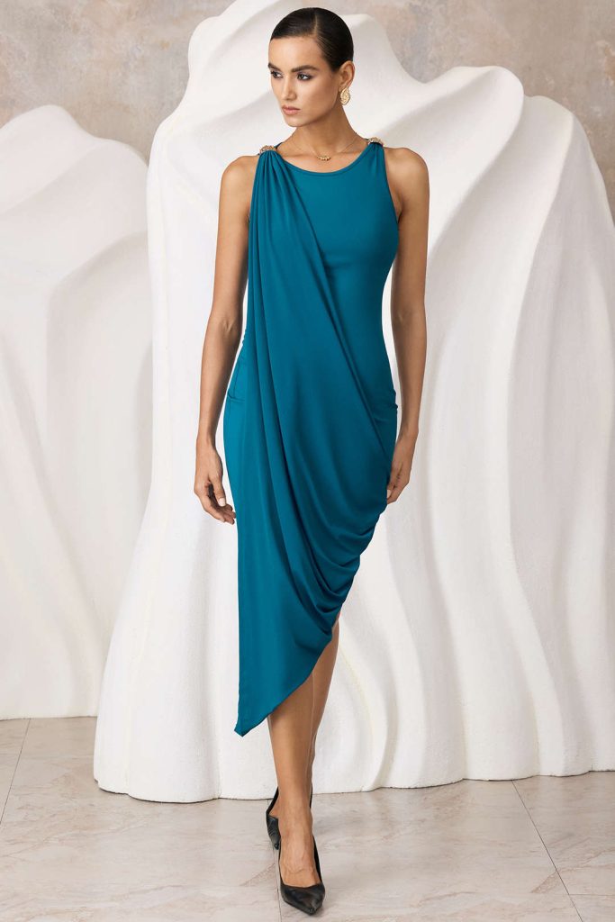 Asymmetrical Round Neck Ruched Sleeveless Midi Dress