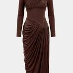 Asymmetrical Ruched Long Sleeve Maxi Dress – Wrena