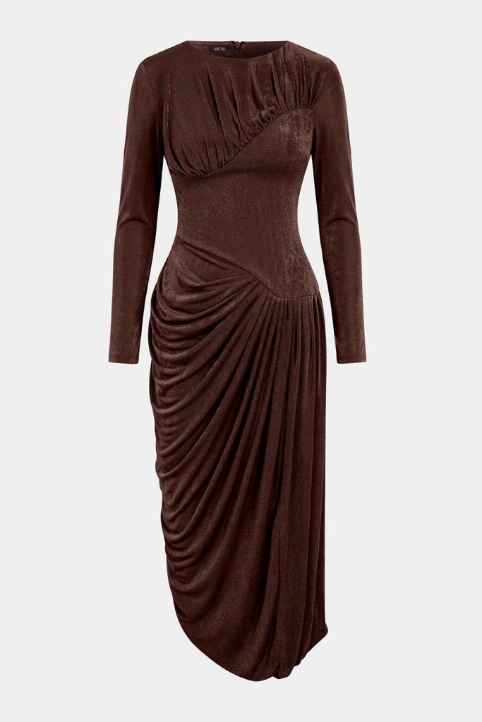 Asymmetrical Ruched Long Sleeve Maxi Dress