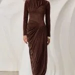 Asymmetrical Ruched Long Sleeve Maxi Dress – Wrena
