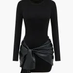 Faux Leather Patchwork Tie Front Round Neck Ruched Mini Dress – Wrena