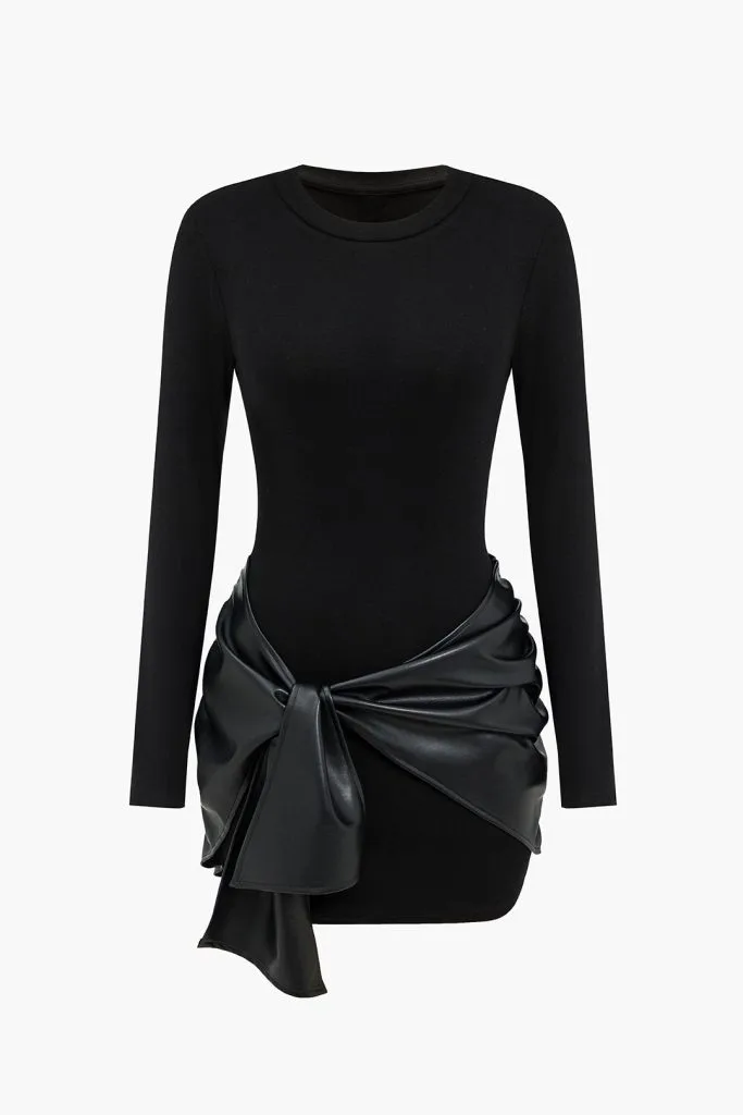 Faux Leather Patchwork Tie Front Round Neck Ruched Mini Dress – Wrena