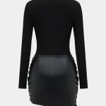 Faux Leather Patchwork Tie Front Round Neck Ruched Mini Dress – Wrena