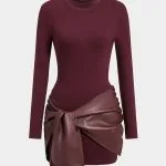 Faux Leather Patchwork Tie Front Round Neck Ruched Mini Dress – Wrena