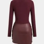 Faux Leather Patchwork Tie Front Round Neck Ruched Mini Dress – Wrena